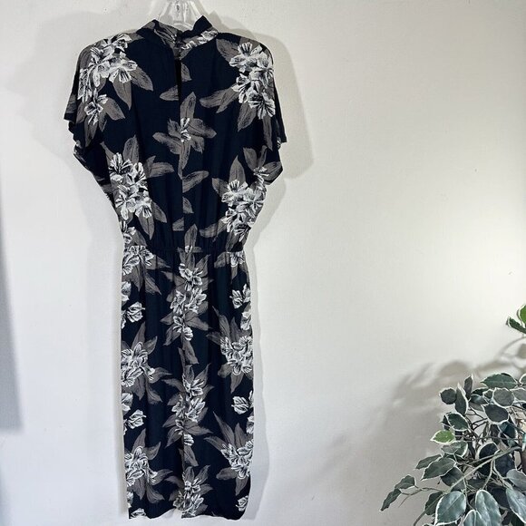 Vintage Phoebe 80s Mock High Neck Dress Midi Black Brown Floral Rayon Cocktail - Picture 2 of 8